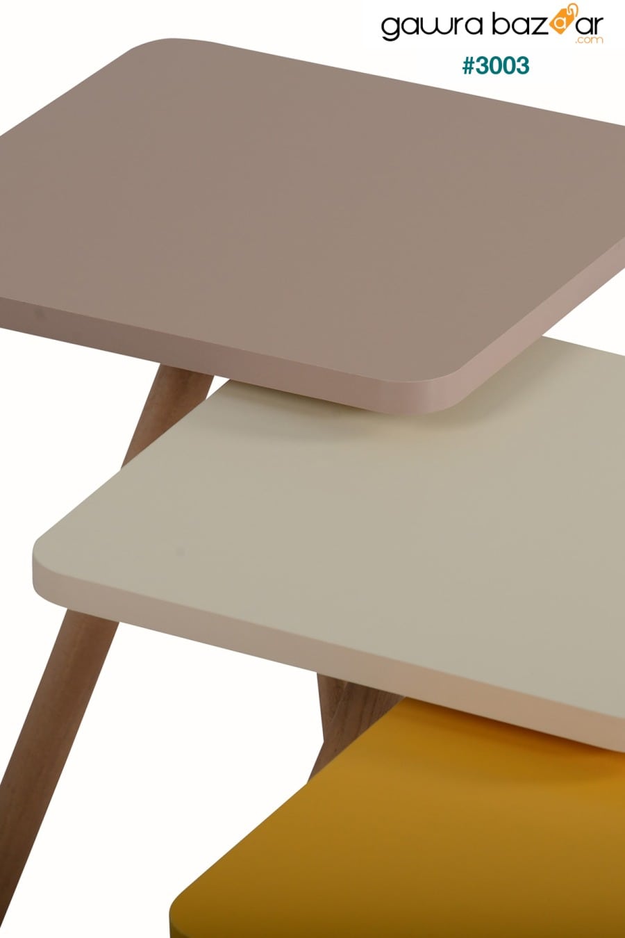 طاولة تعشيش ثلاثية ملونة بأرجل خشبية مربعة بتصميم باستيل أصفر كريم كابتشينو interGO 3