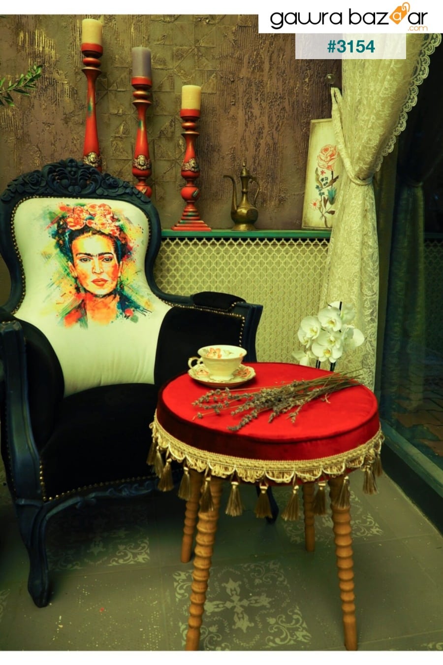 وسادة كلاسيكية بأرجل خشبية من قماش مخملي باللون الأحمر الداكن Moza Sanat 2