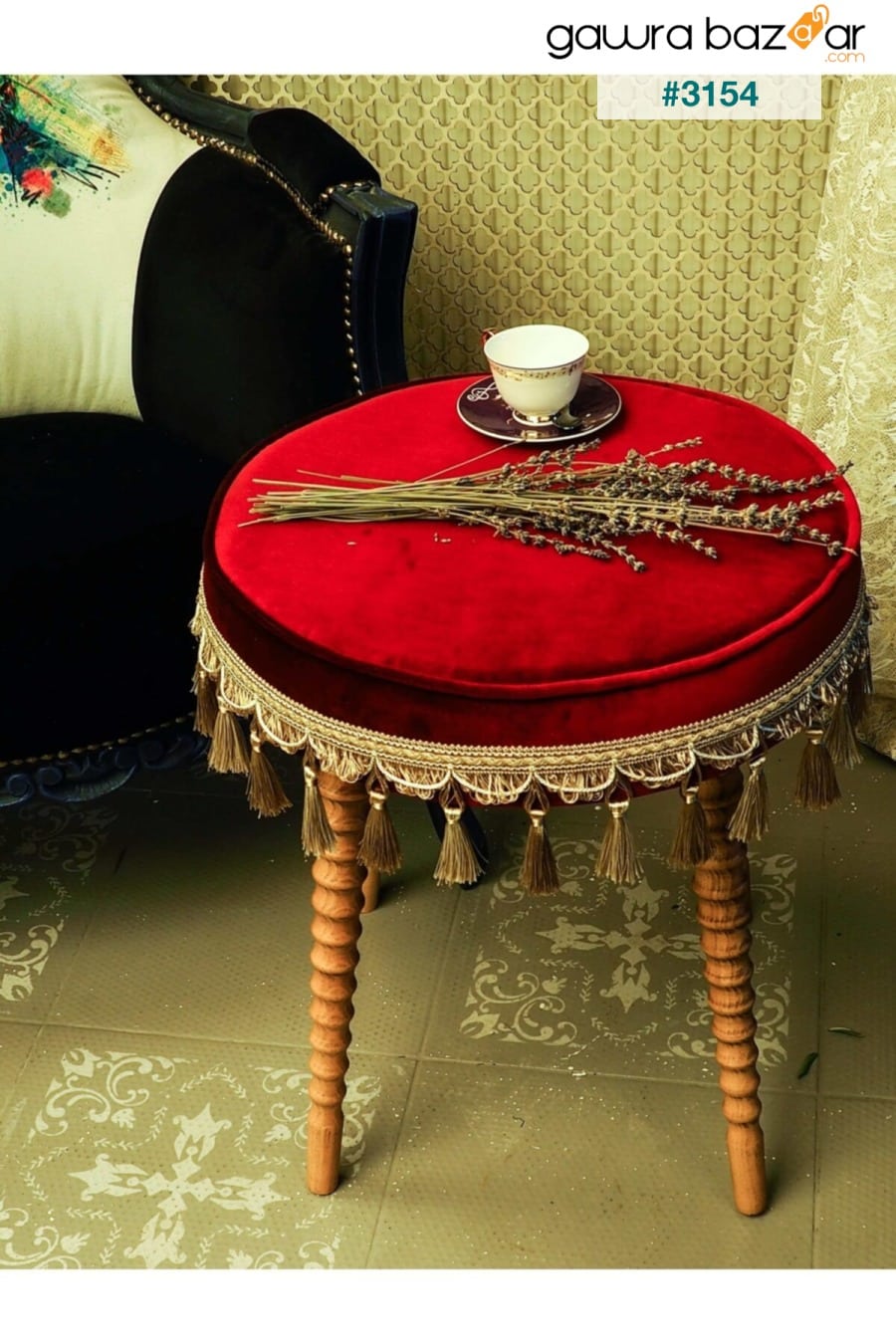 وسادة كلاسيكية بأرجل خشبية من قماش مخملي باللون الأحمر الداكن Moza Sanat 1