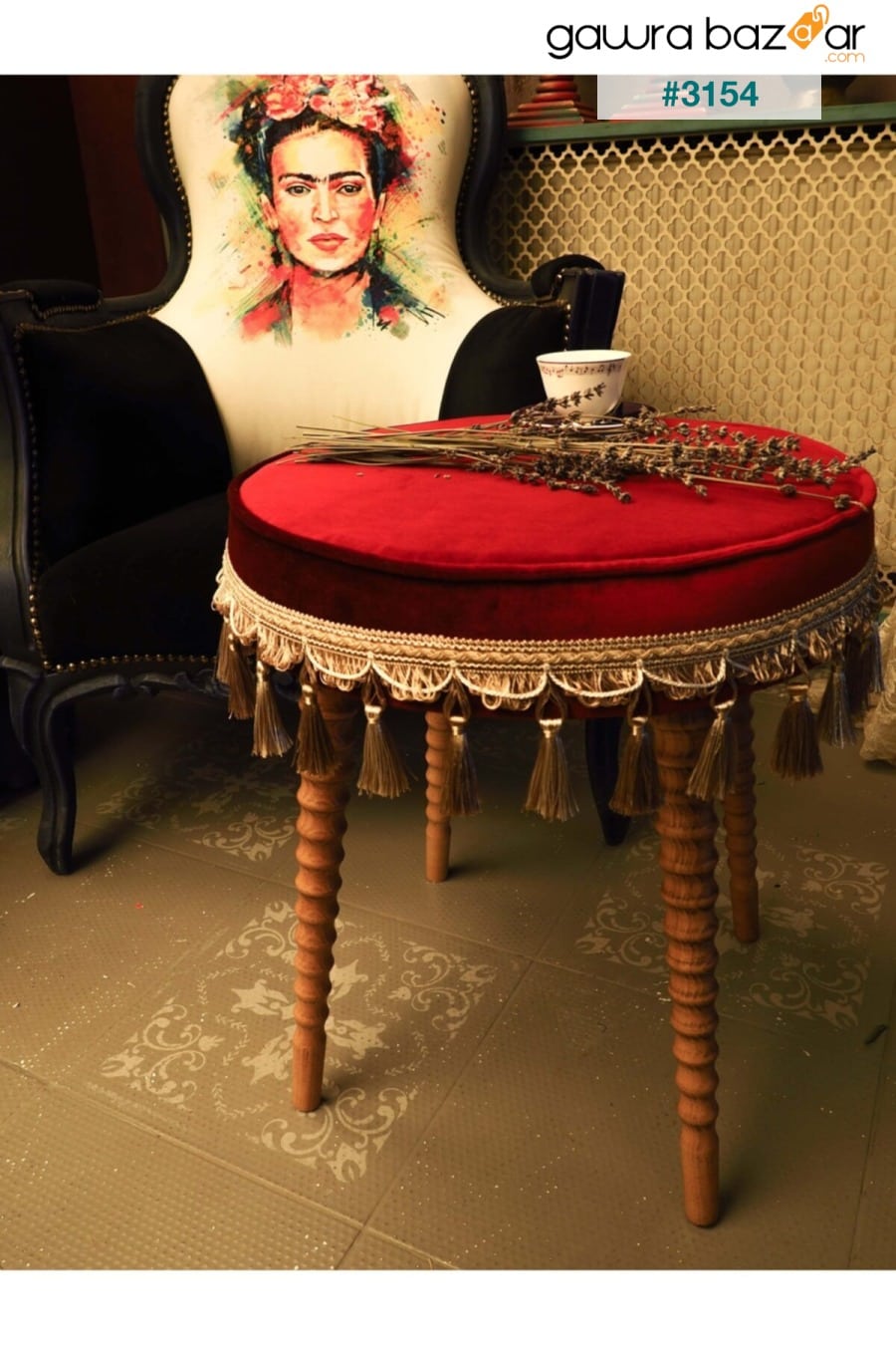 وسادة كلاسيكية بأرجل خشبية من قماش مخملي باللون الأحمر الداكن Moza Sanat 3