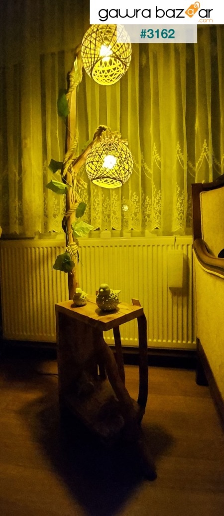 مصباح أرضي للشجرة 165-170 سم مصباحان من سلسلة Safranbolu سلسلة رف الكتب مصباح أرضي من الخشب الطبيعي إضاءة زاوية