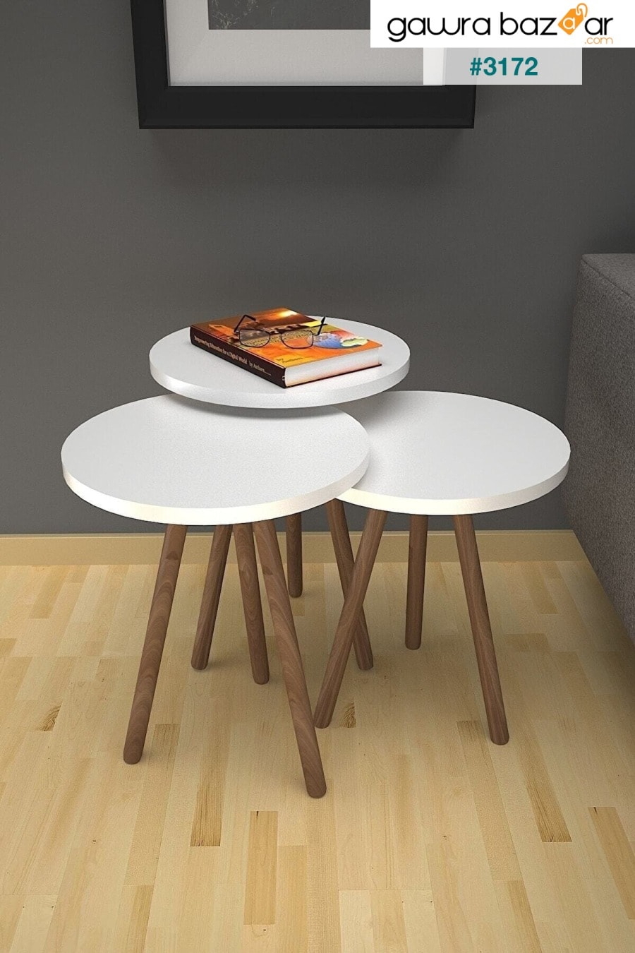 3 قطع طاولة متداخلة بيضاء دائرية مع ارجل خشبية Mobezzo 2