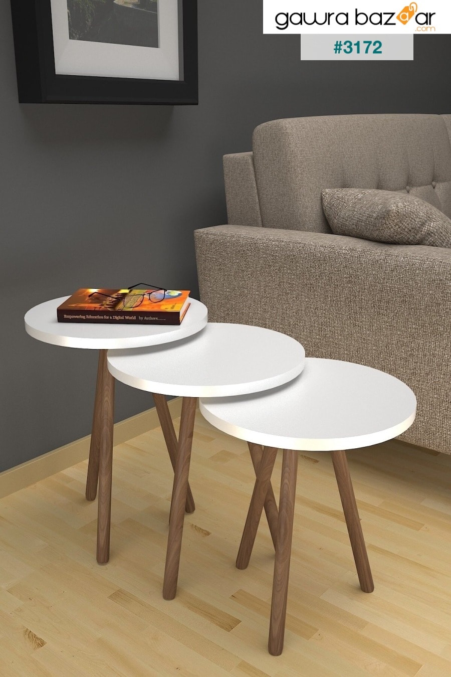 3 قطع طاولة متداخلة بيضاء دائرية مع ارجل خشبية Mobezzo 1
