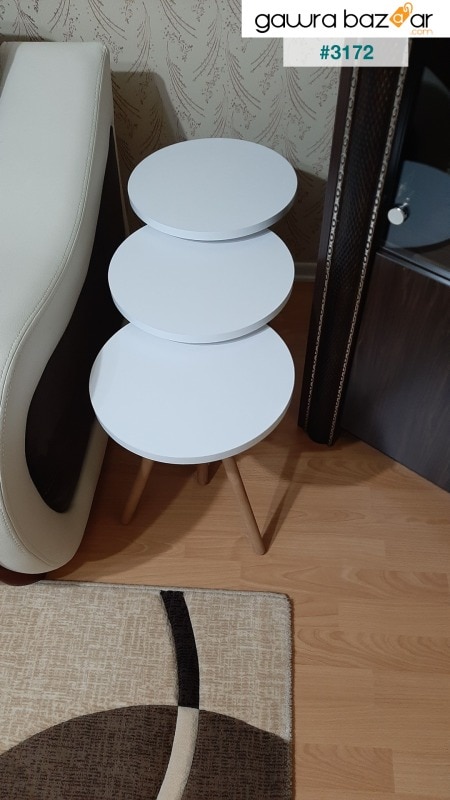 3 قطع طاولة متداخلة بيضاء دائرية مع ارجل خشبية