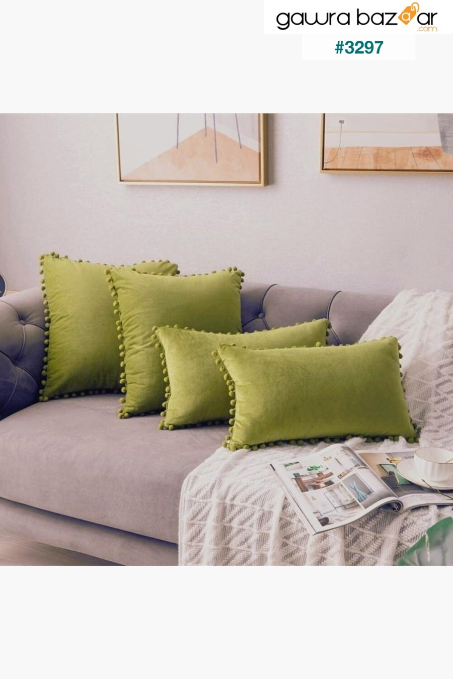 الفستق الأخضر 4 قطع غطاء وسادة مع بوم بوم 2 قطعة 43 × 43 سم ، قطعتين 30 × 50 سم Bc Home 0