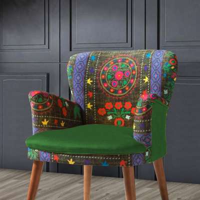 بيرجير - كرسي بذراعين مفرد - نمط عرقي - أرجل خشبية - أخضر