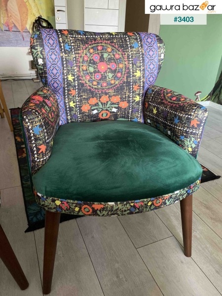 بيرجير - كرسي بذراعين مفرد - نمط عرقي - أرجل خشبية - أخضر