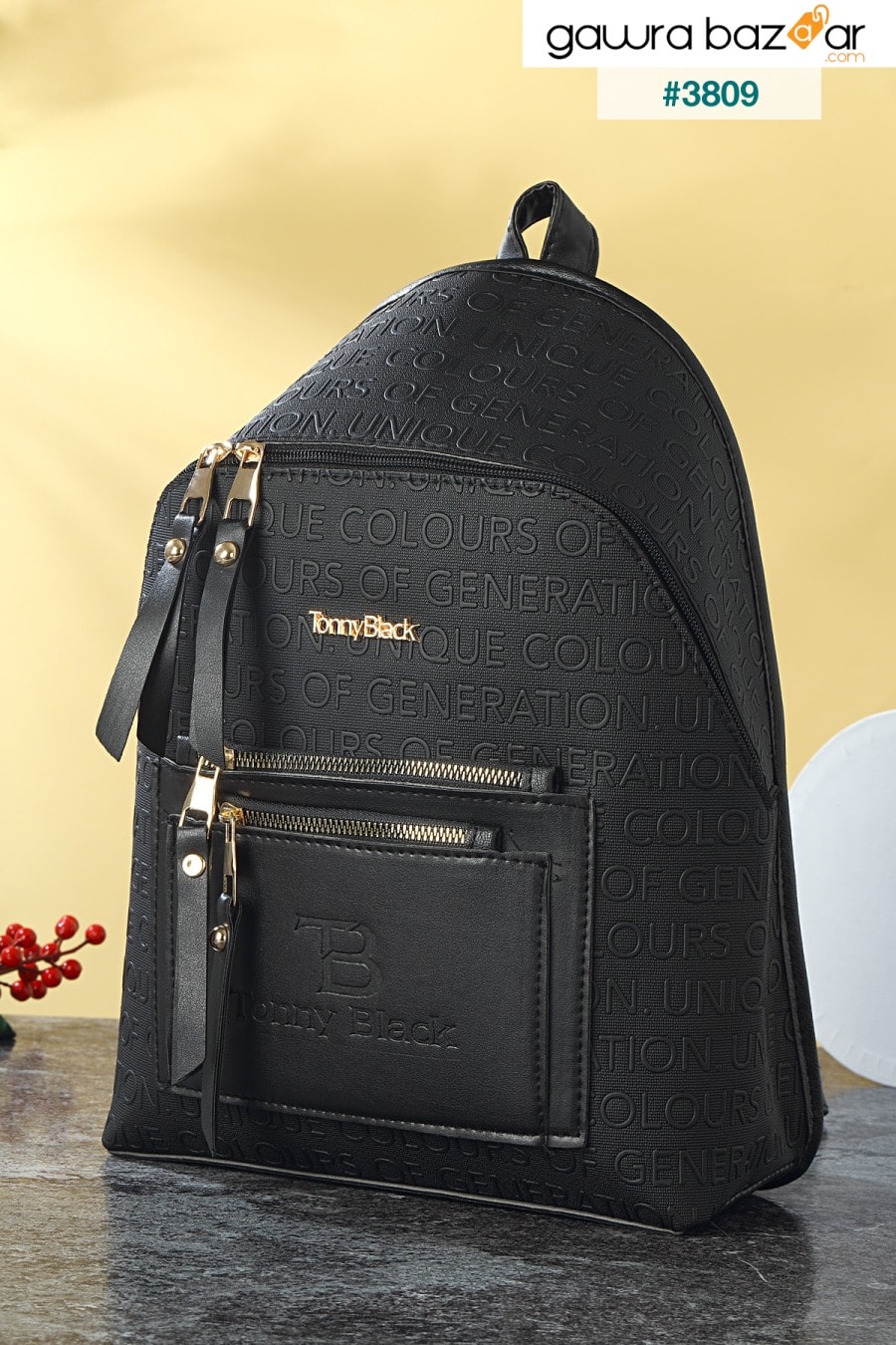 حقيبة ظهر نسائية أصلية سوداء متعددة الأقسام بنمط مكتوب وحقيبة كتف Tbkç00038-02 Tonny Black 0