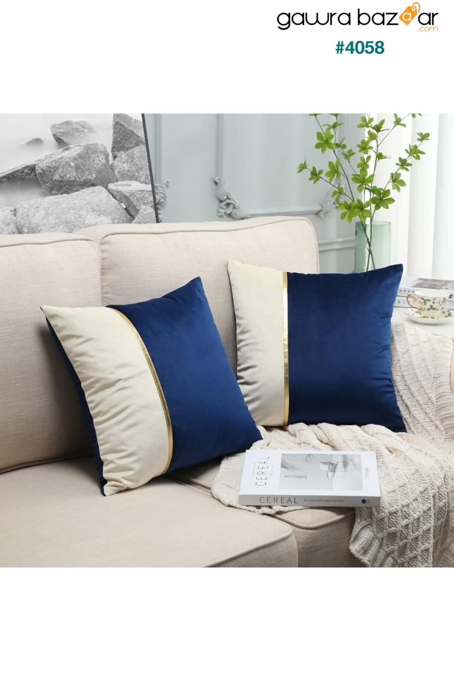 مجموعة من قطعتين أزرق كحلي - غطاء وسادة من المخمل الجلدي الكريمي Bc Home 2