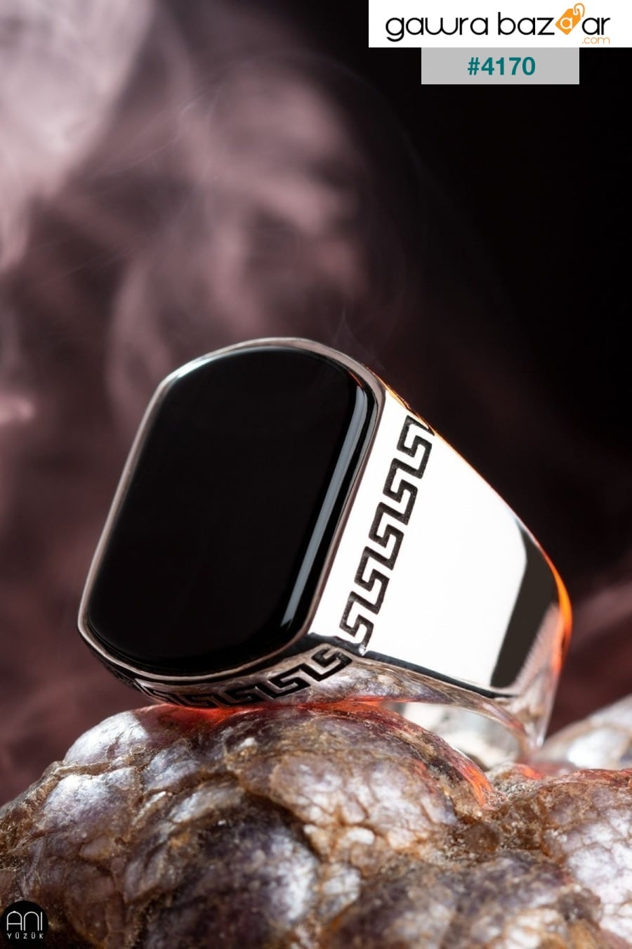 خاتم من الفضة الإسترليني عيار 925 بحجر أونيكس أسود للرجال نموذج بسيط بتصميم فاخر خاص بتصميم منقوشة Anı Yüzük 0