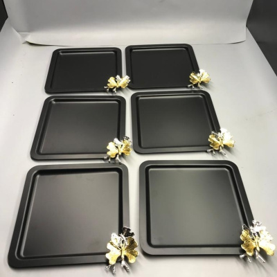 إكسسوار فراشة لوكس مربعة من الفولاذ المقاوم للصدأ 6 قطع قهوة سوداء ، شاي ، صينية تقديم مزخرفة