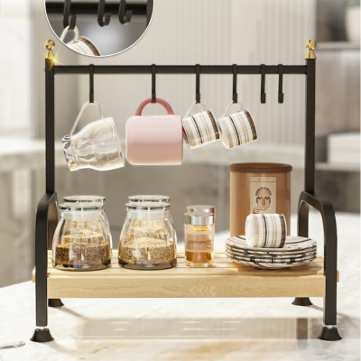 سطح المكتب رف مطبخ منظم فنجان القهوة القدح كأس شماعات رف خشبي المنظم مع 6 خطاف