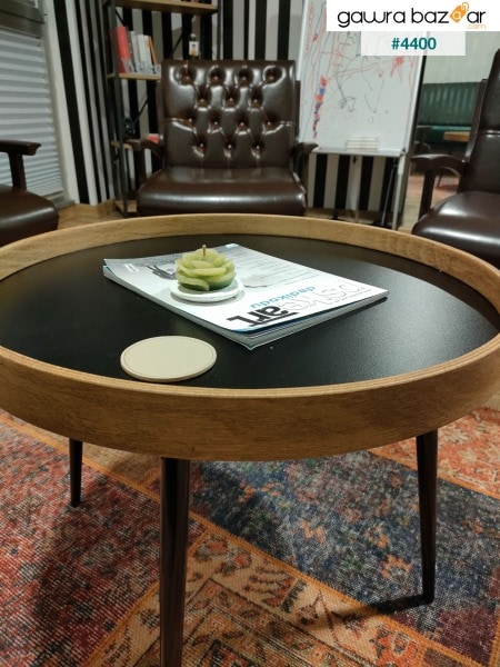طاولة وسط - طاولة قهوة دائرية خشبية مزخرفة بإطار خشبي 60 سم.
