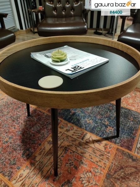 طاولة وسط - طاولة قهوة دائرية خشبية مزخرفة بإطار خشبي 60 سم.