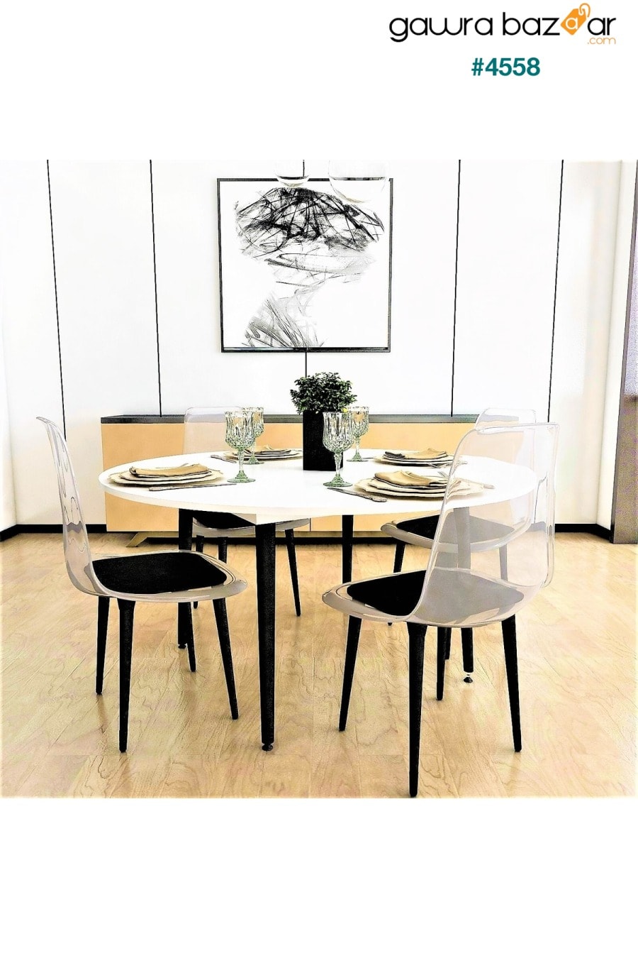 طقم طاولة سفرة دائرية من فلورا بيسترو نوانز 4 مجموعات من الكراسي الشفافة (أبيض + أرجل سوداء) 100 سم FLORADESİGN 0