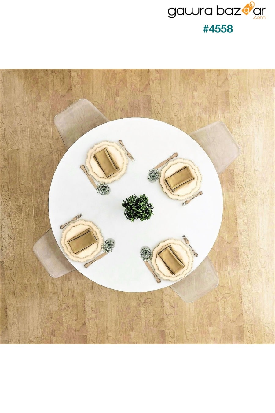طقم طاولة سفرة دائرية من فلورا بيسترو نوانز 4 مجموعات من الكراسي الشفافة (أبيض + أرجل سوداء) 100 سم FLORADESİGN 2