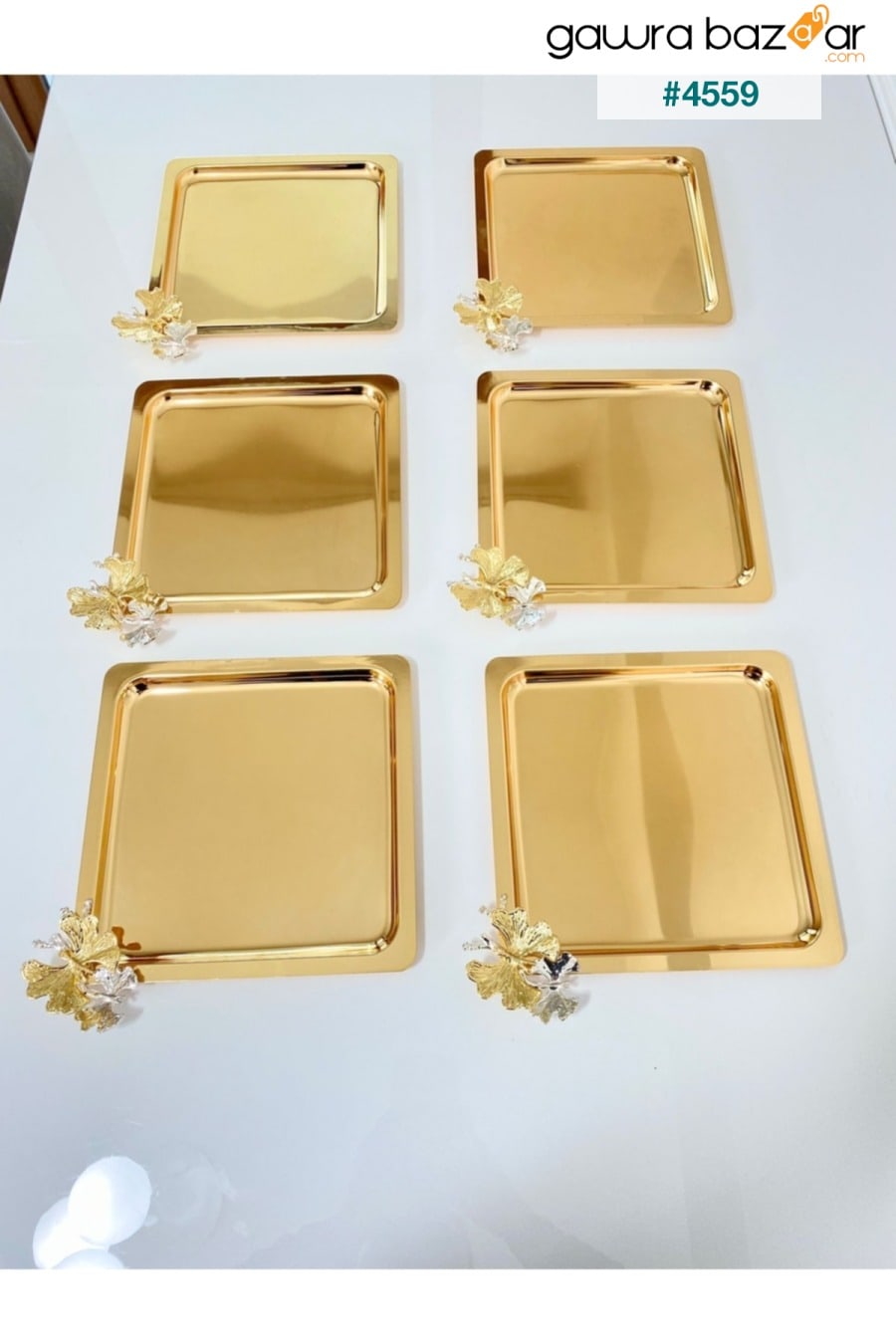 6 قطع لوكس مربعة الشكل مصنوعة من الفولاذ المقاوم للصدأ على شكل فراشة ذهبية ، شاي ، قهوة ، تقديم وصينية تقديم 21x21 سم Milenay 0