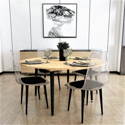 طقم طاولة طعام مستديرة من فلورا بيسترو نوانز 4 مجموعات من الكراسي الشفافة (OAK BLACK LEGS) 100 سم
