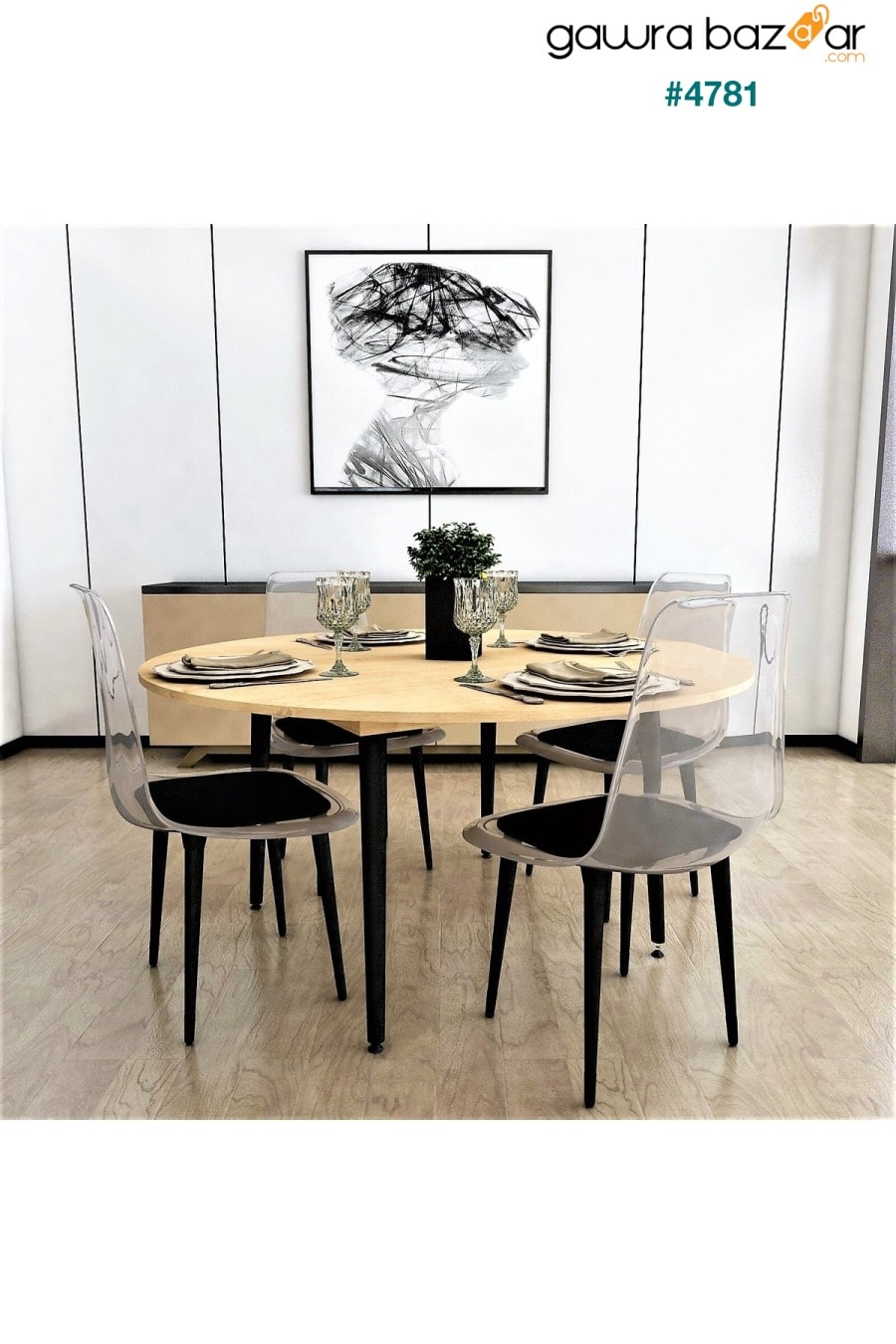طقم طاولة طعام مستديرة من فلورا بيسترو نوانز 4 مجموعات من الكراسي الشفافة (OAK BLACK LEGS) 100 سم FLORADESİGN 0