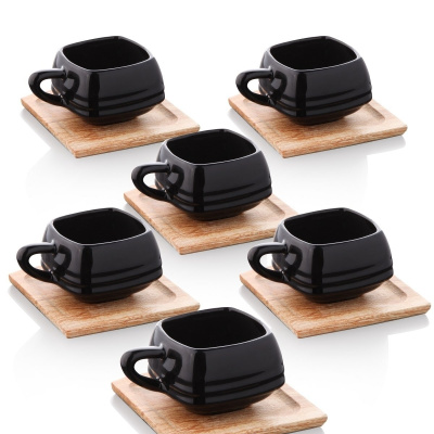 طقم فناجين قهوة فاخر مصنوع يدويًا من 6 أشخاص بقاعدة خشبية أسود