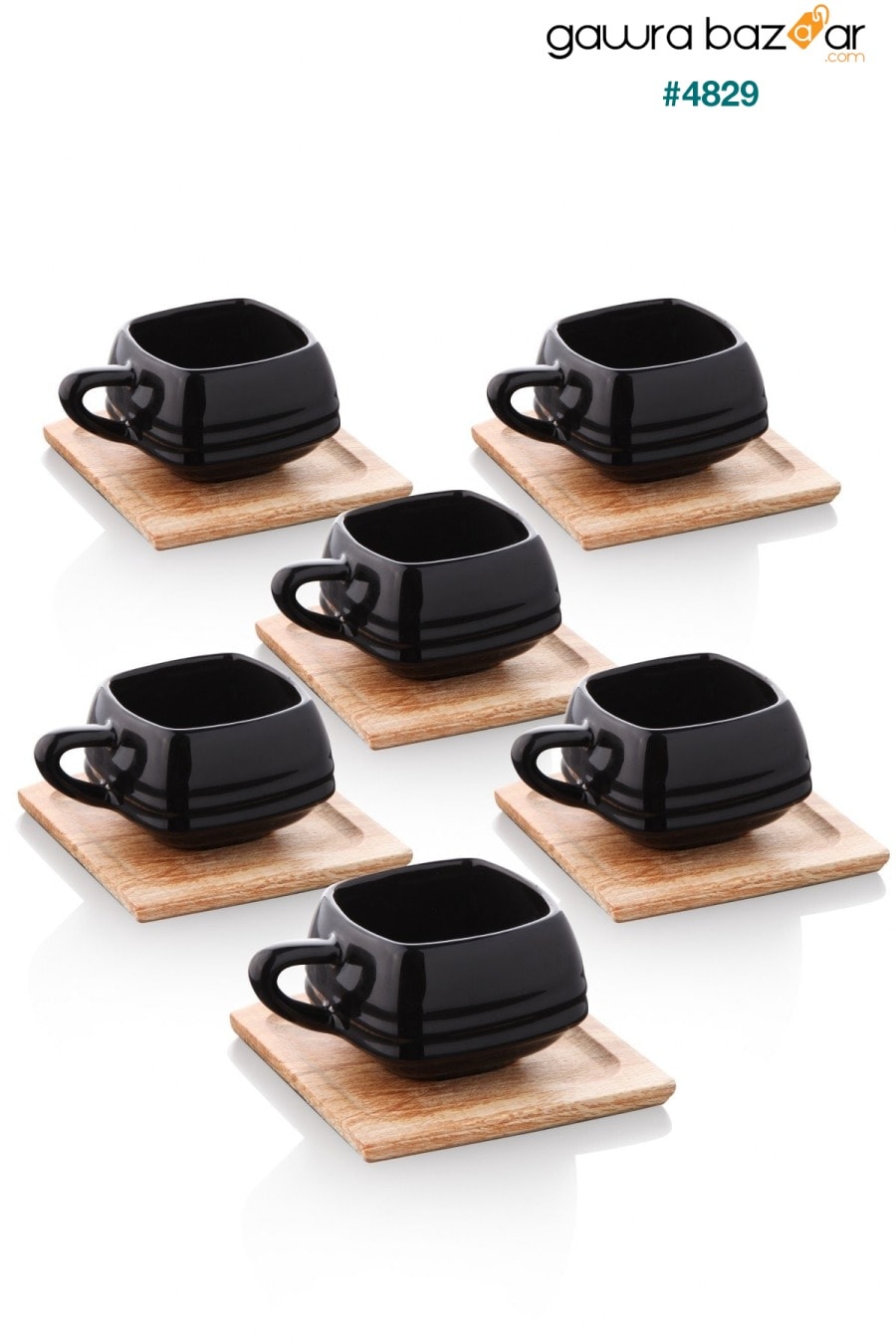 طقم فناجين قهوة فاخر مصنوع يدويًا من 6 أشخاص بقاعدة خشبية أسود Nandy Home 1