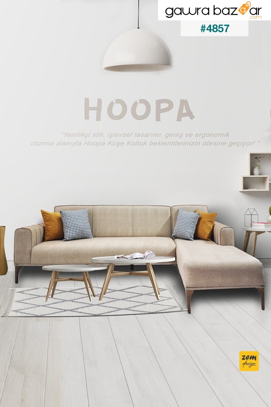 Hoopa Corner Sofa Set Cream-Mechanism ، أرجل خشبية ، قماش قابل للمسح Zem 1