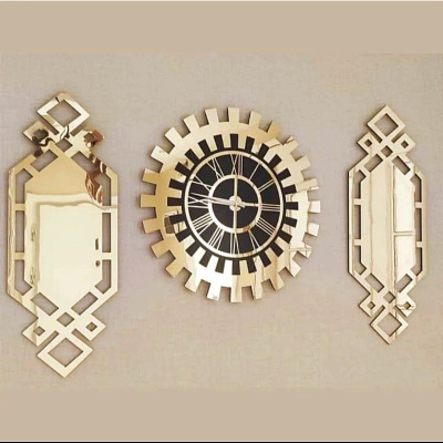 لون ذهبي شبكي عاكس ثلاثي الأبعاد منقوش يدويًا على شكل بيانو ساعة حائط ، طقم لوحة مكون من 3 قطع