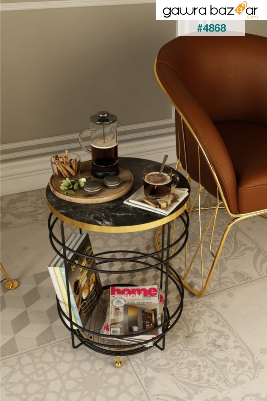طاولة جانبية مركزية من الفولاذ الأسود مع أرجل ذهبية Bino 1