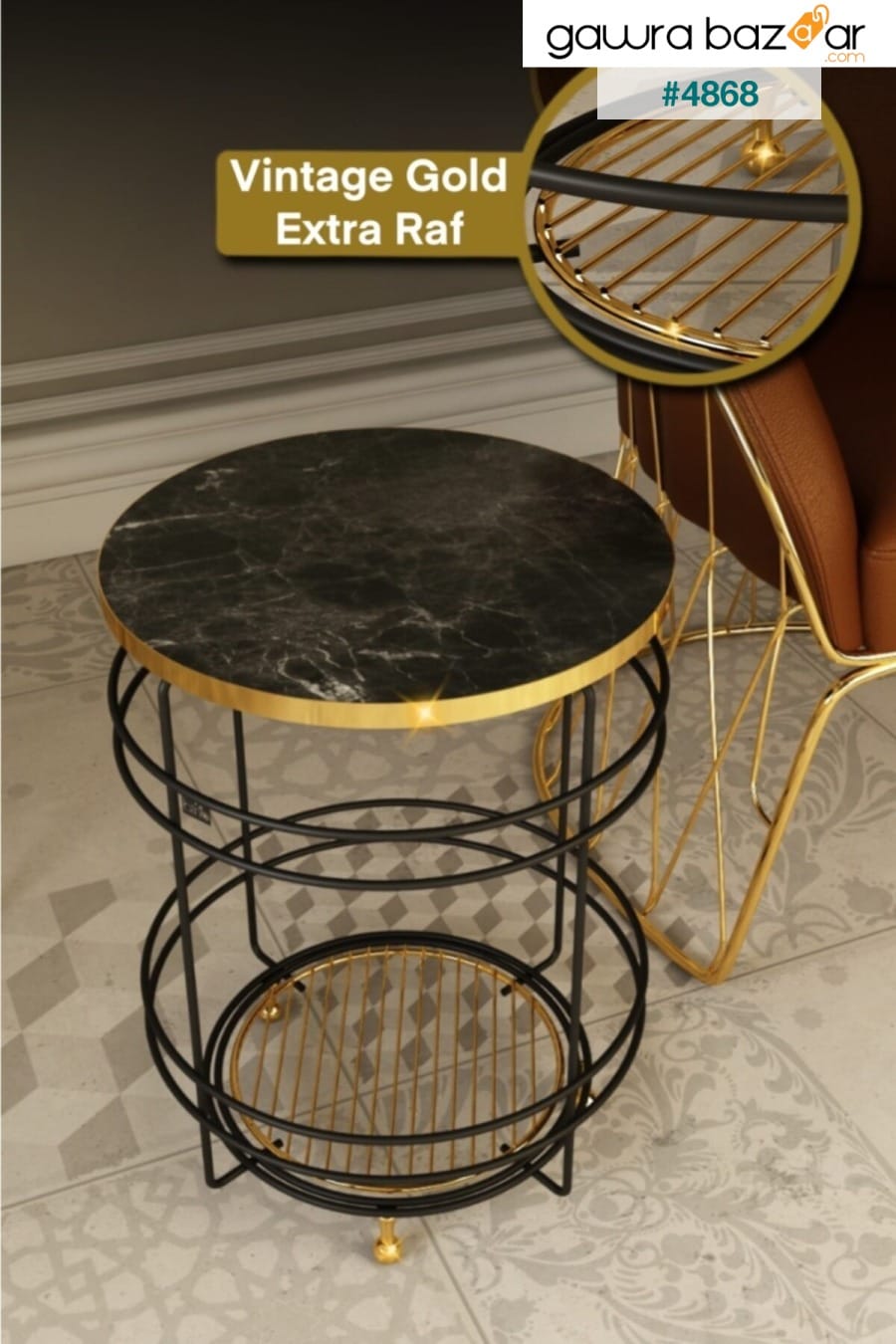 طاولة جانبية مركزية من الفولاذ الأسود مع أرجل ذهبية Bino 6