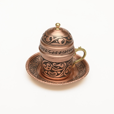 طقم فناجين قهوة تركي مفرد من النحاس مصنوع يدويًا من غازي عنتاب مع صينية 25 سم