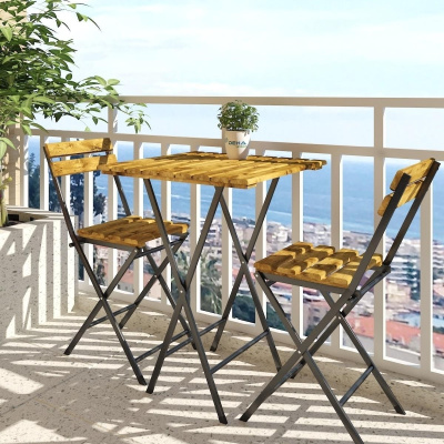 طقم كرسي طاولة بيسترو مصنوع من الخشب الطبيعي المطلي بهيكل معدني مطلي للحديقة والشرفات الصغيرة