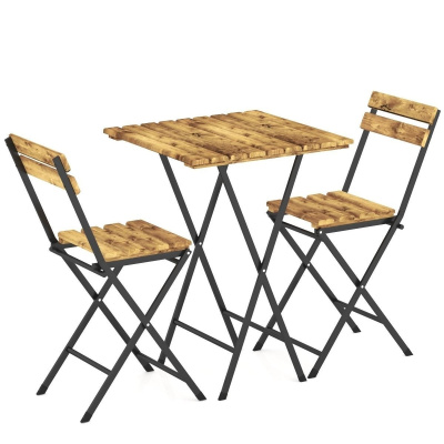 طقم كرسي طاولة بيسترو مصنوع من الخشب الطبيعي المطلي بهيكل معدني مطلي للحديقة والشرفات الصغيرة