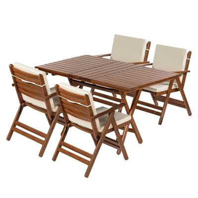 مجموعة شرفة حديقة أنطاليا الخشبية: 80x120 طاولة + 4 كراسي مبطنة | مجموعة قابلة للطي