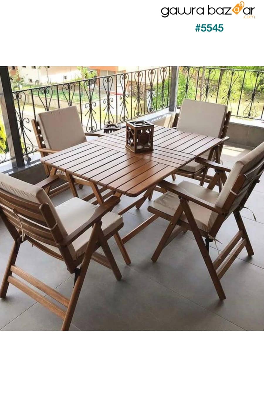 مجموعة شرفة حديقة أنطاليا الخشبية: 80x120 طاولة + 4 كراسي مبطنة | مجموعة قابلة للطي Bahçeme 1