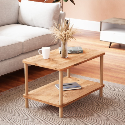 طاولة مركزية مستطيلة الساق خشبية من طبقتين رف للصحف من خشب الصنوبر الأطلسي