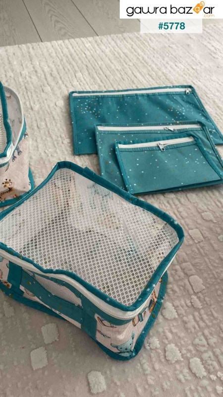 حقيبة سفر للأطفال من 6 قطع منقوشة ومنظم متعدد الأغراض (أزرق)