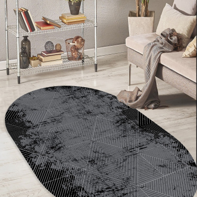 قاعدة مطبوعة رقمية مانعة للانزلاق قابلة للغسل بتصميم هندسي أسود ، أنثراسايت سجاد بيضاوي الشكل- d1185