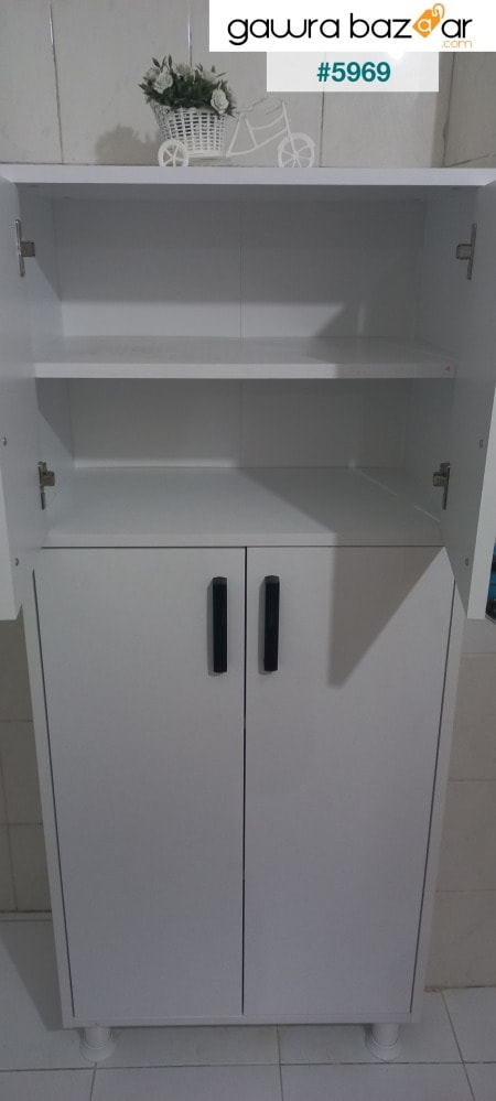 خزانة متعددة الأغراض F2 4 أبواب 5 أرفف حمام شرفة مطبخ خزانة أبيض M4.5