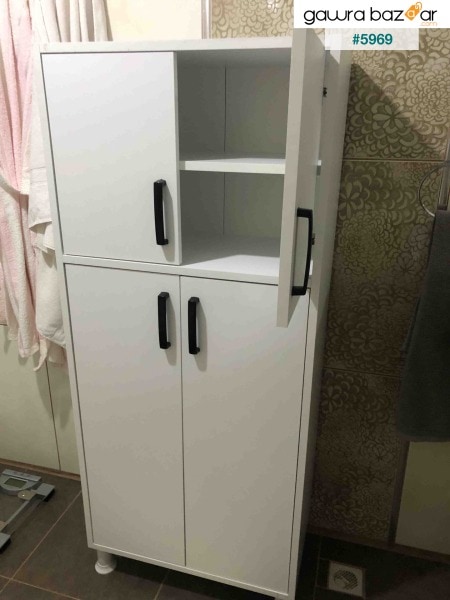 خزانة متعددة الأغراض F2 4 أبواب 5 أرفف حمام شرفة مطبخ خزانة أبيض M4.5