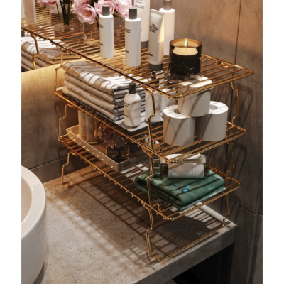 متعدد الأغراض الحمام المطبخ خزانة منظم مطلية بالذهب الفولاذ المقاوم للصدأ