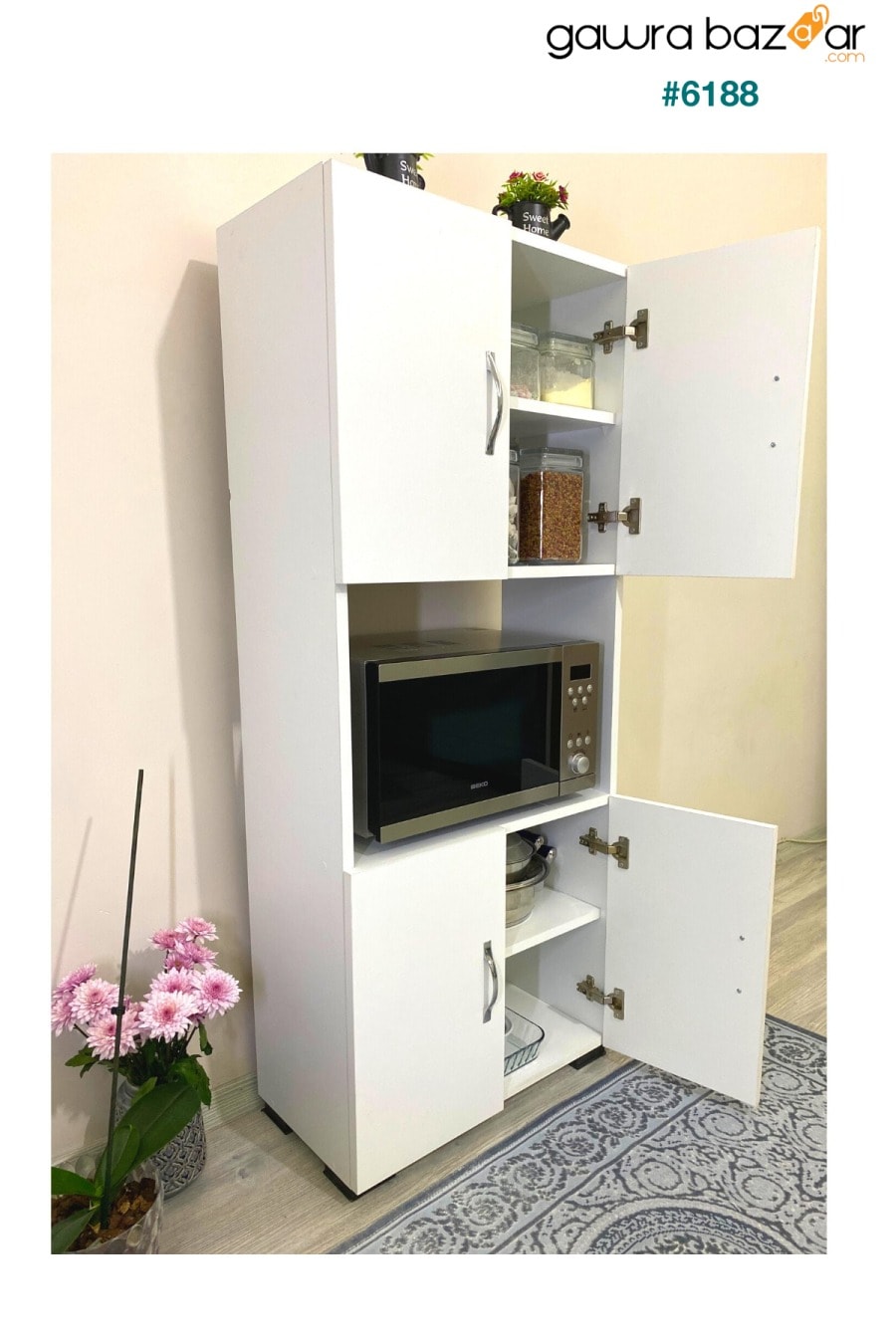 خزانة مطبخ صغيرة متعددة الأغراض بالميكروويف الأبيض مع 4 أبواب وقسم وسطي و 4 أبواب IRMAK DÜNYASI 4