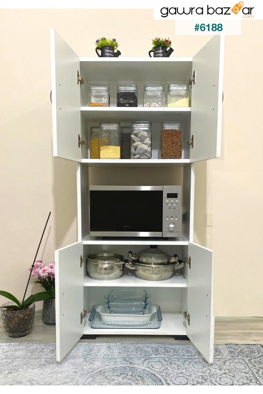 خزانة مطبخ صغيرة متعددة الأغراض بالميكروويف الأبيض مع 4 أبواب وقسم وسطي و 4 أبواب IRMAK DÜNYASI 2