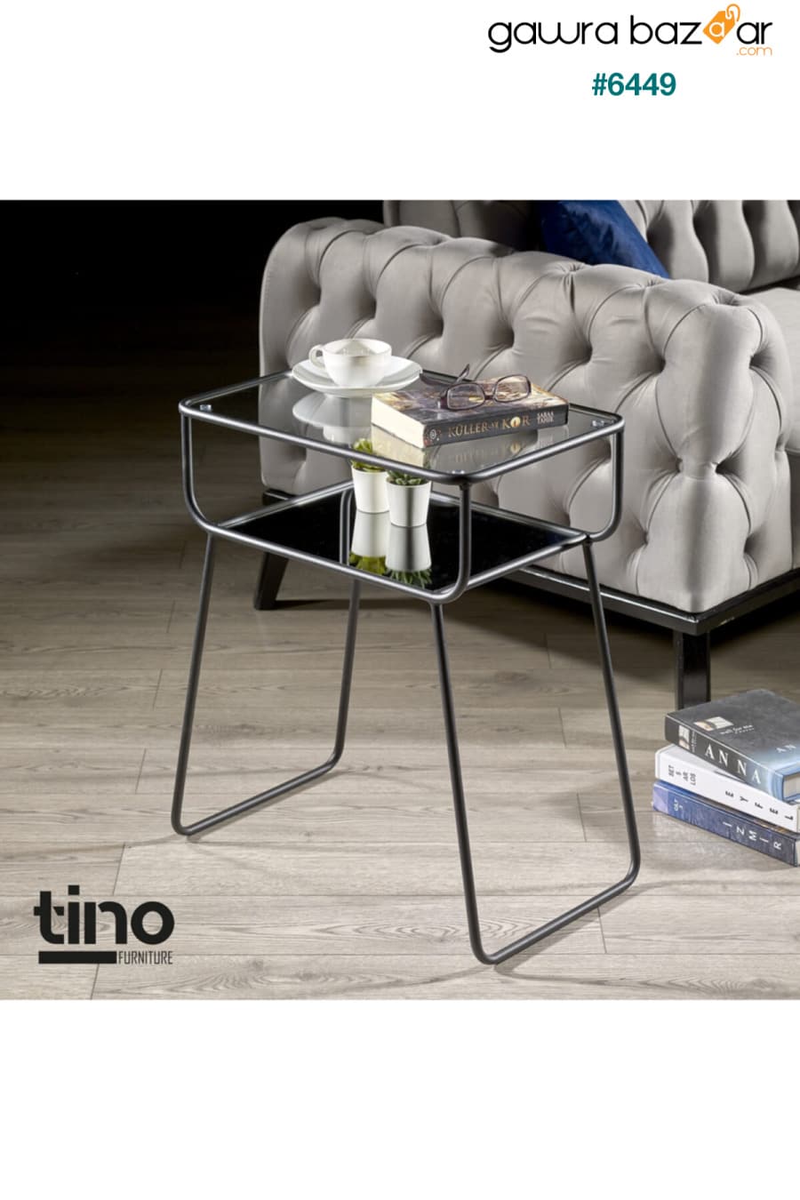 طاولة جانبية سوداء طاولة معدنية مع رف زجاجي tino furniture 1