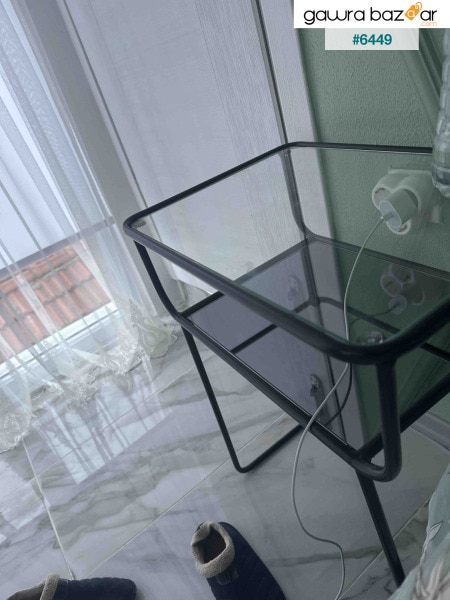 طاولة جانبية سوداء طاولة معدنية مع رف زجاجي