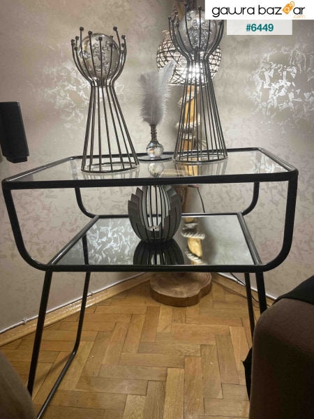 طاولة جانبية سوداء طاولة معدنية مع رف زجاجي