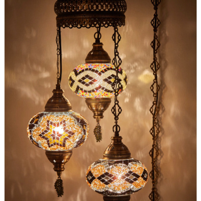 3 ثريا قلادة زجاجية ملونة من الفسيفساء العثمانية الأصلية ، 3 زجاج كبير