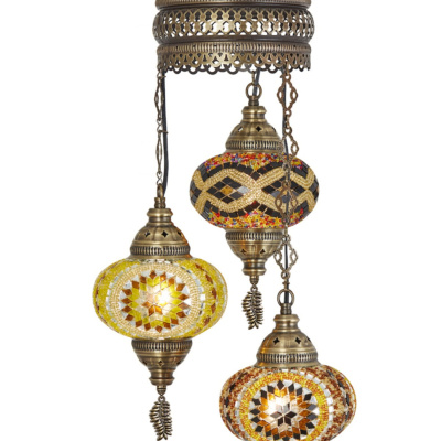 3 ثريا قلادة زجاجية ملونة من الفسيفساء العثمانية الأصلية ، 3 زجاج كبير