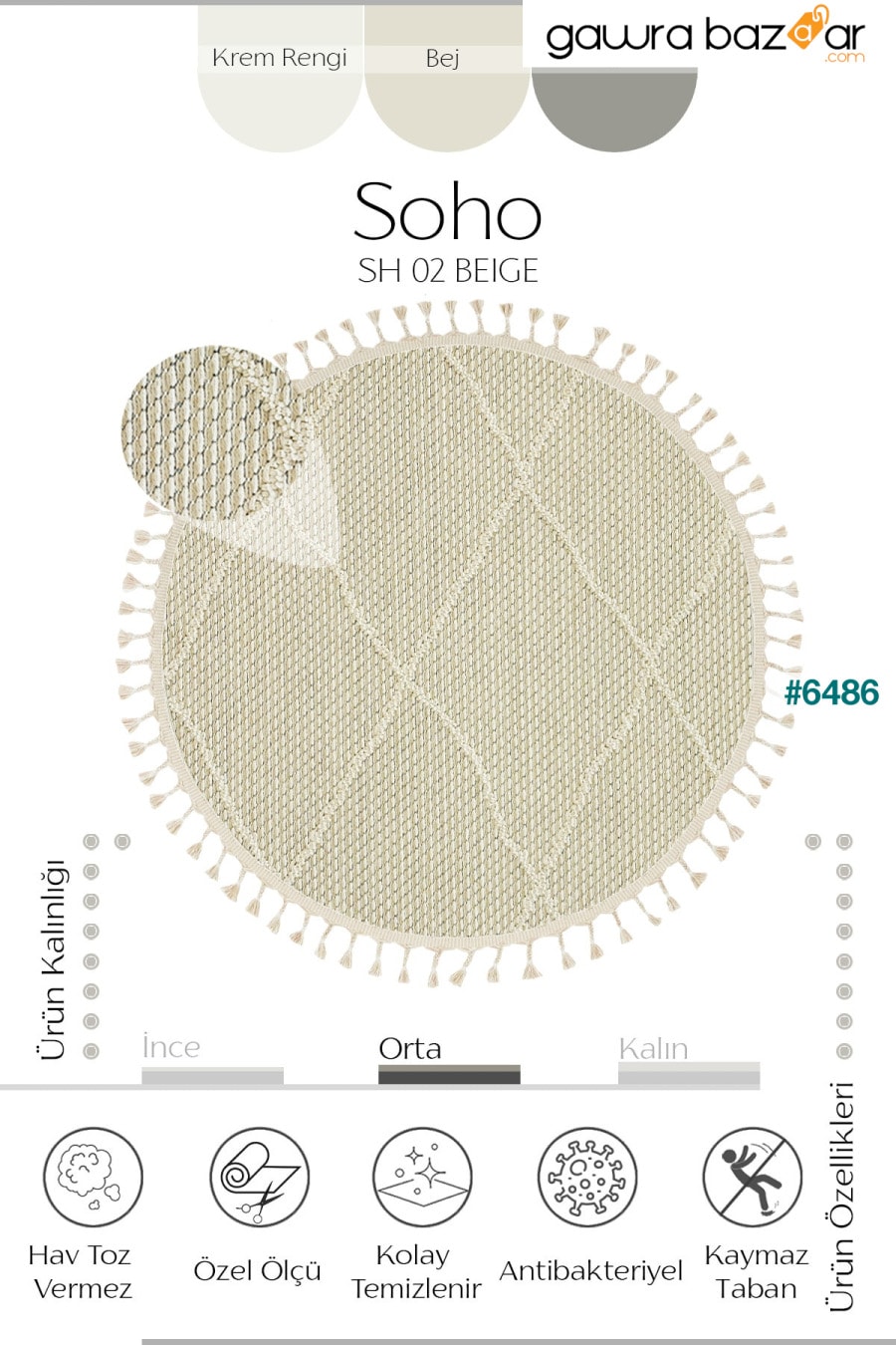 Eco Carpet Soho Sh 02 سجادة دائرية بنمط محبوك عرقي بيج مصنوعة من خيوط خاصة Cool Halı 1