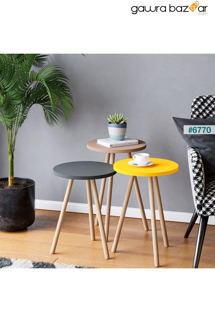 طاولة تعشيش ثلاثية ملونة بأرجل خشبية مستديرة بتصميم الباستيل رمادي أصفر كابتشينو interGO 0