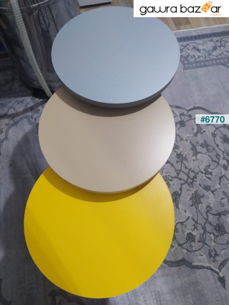 طاولة تعشيش ثلاثية ملونة بأرجل خشبية مستديرة بتصميم الباستيل رمادي أصفر كابتشينو